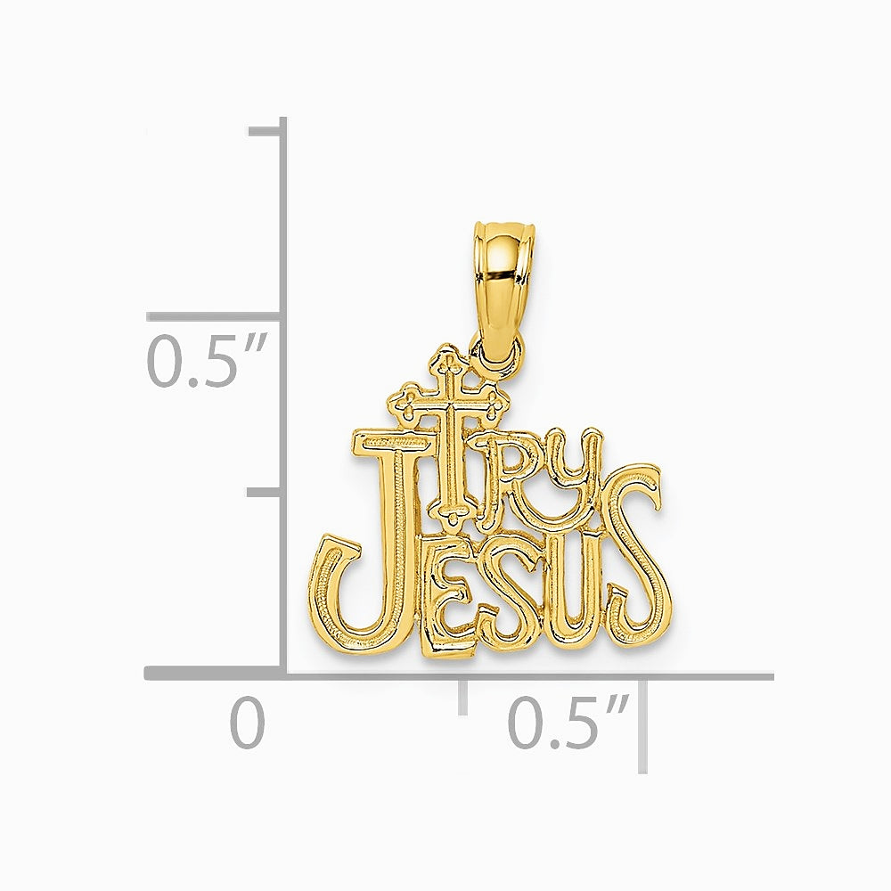 14K Yellow Gold Polished and Engraved TRY JESUS Charm - Product Photo
