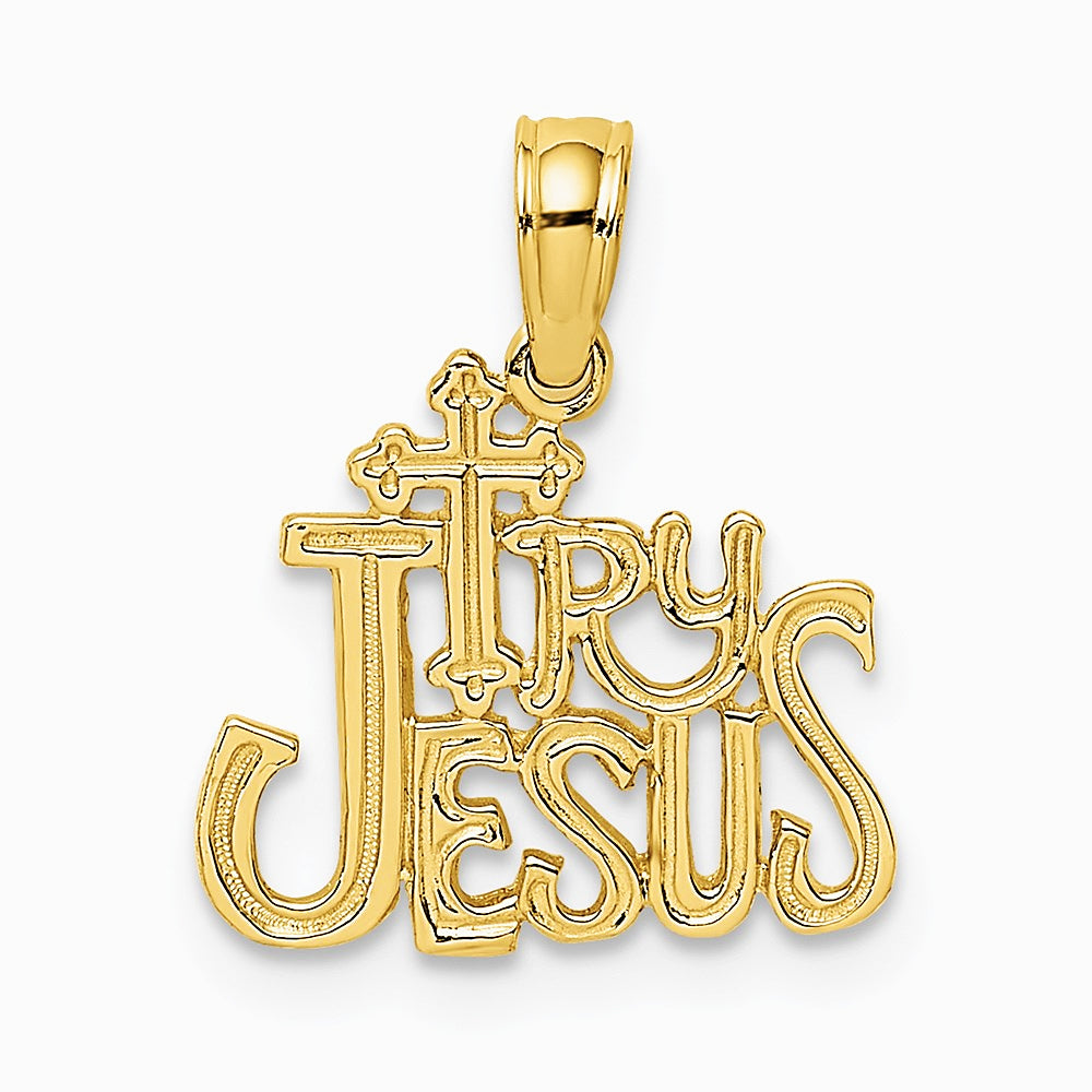 14K Yellow Gold Polished and Engraved TRY JESUS Charm - Product Photo