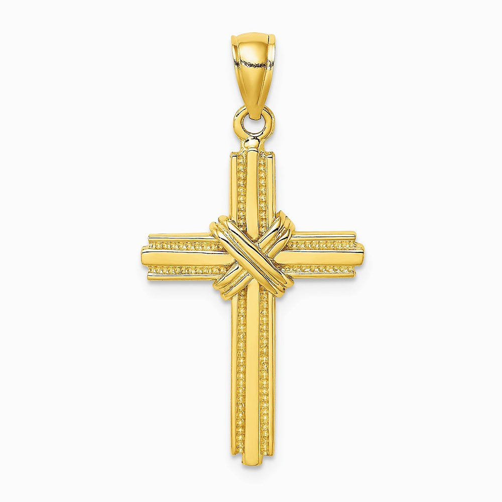 10K / 14K Yellow Gold Beaded Center Design Cross Charm - Product Photo