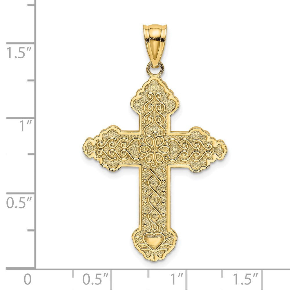 14K Yellow Gold Flower Center Scroll Cross Charm - Product Photo