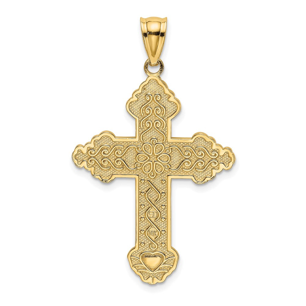 14K Yellow Gold Flower Center Scroll Cross Charm - Product Photo