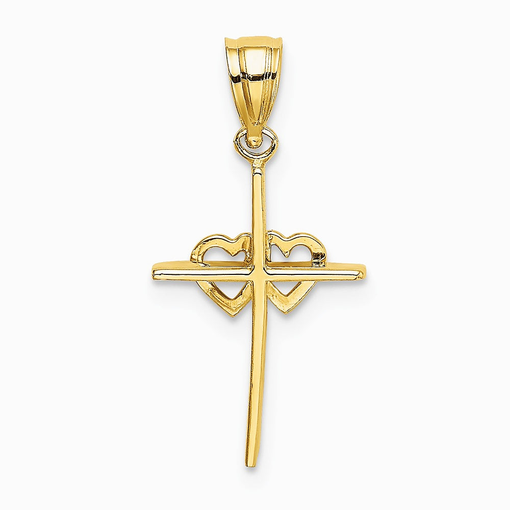 10K / 14K Yellow Gold Polished Double Hearts On Stick Cross Charm - Product Photo