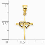 10K / 14K Yellow Gold Polished Double Hearts On Stick Cross Charm - Product Photo