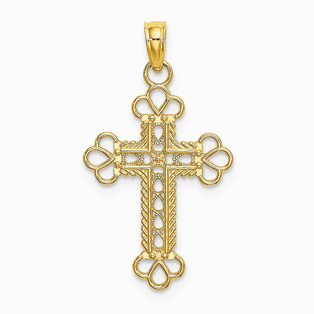10K / 14K Yellow Gold Textured and Cut-Out W/ Rope Frame Block Cross Charm - Product Photo