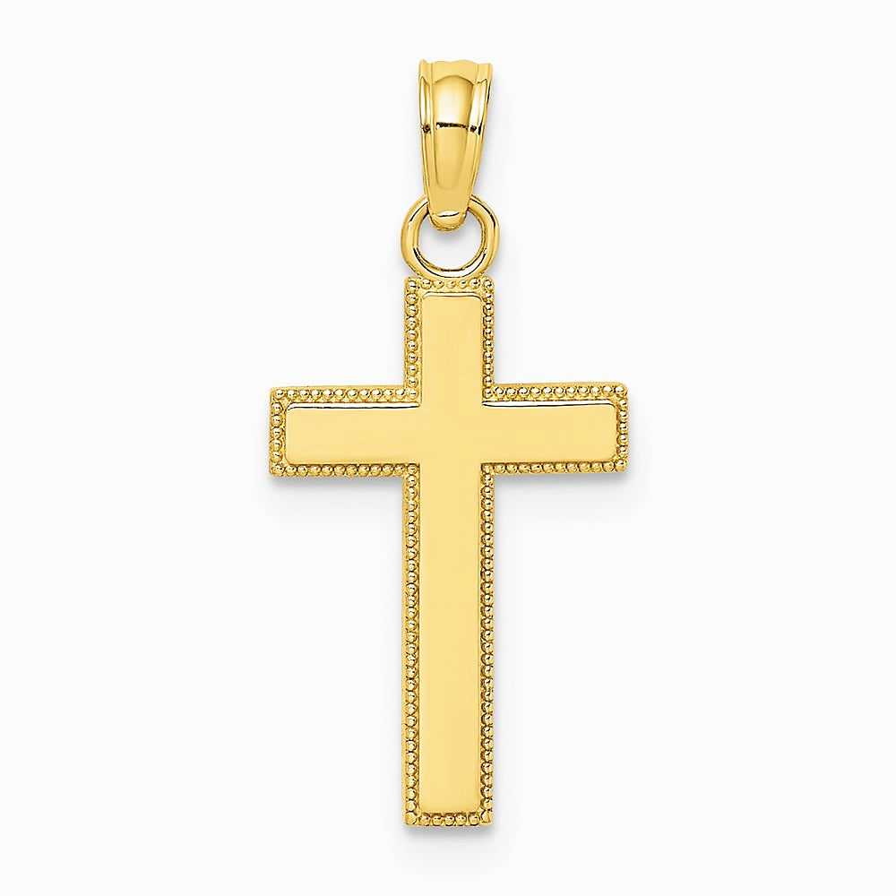 10K / 14K Yellow Gold Polished Block Style Beaded Edge Cross Charm - Product Photo