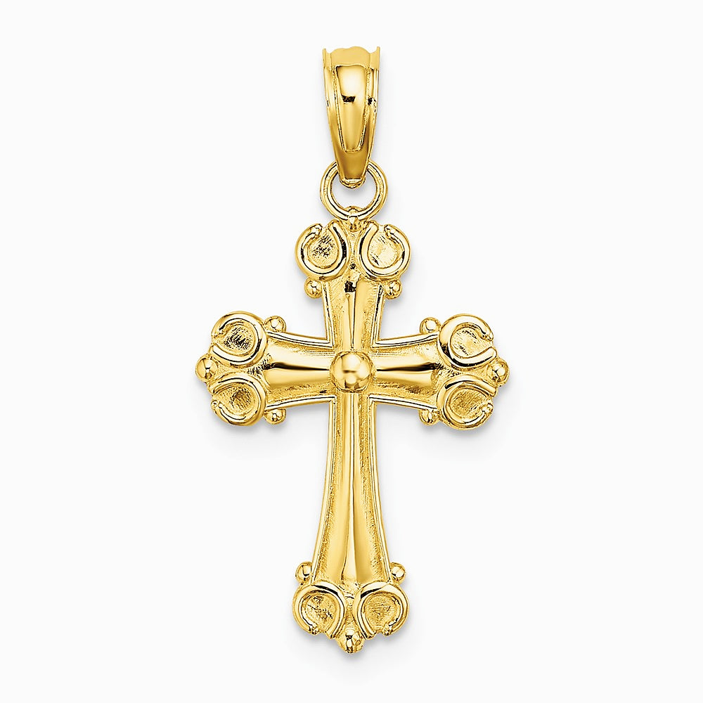 10K / 14K Yellow Gold Cross W/ Scroll Tips and Button Center Charm - Product Photo
