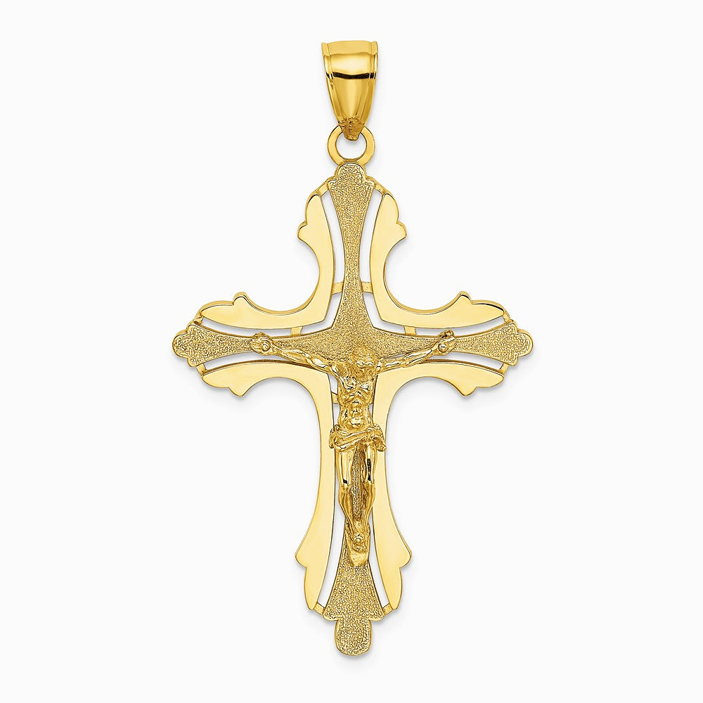 14K Yellow Gold Textured Cut-Out Crucifix W/Budded Tips Charm