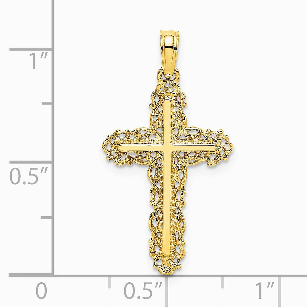 10K / 14K Yellow Gold Cross w/ Filigree Lace Trim Charm - Product Photo