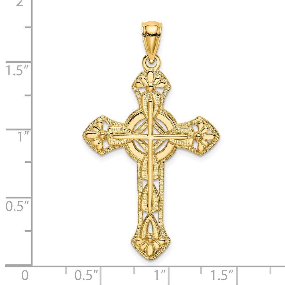 14K Yellow Gold Cut-Out Floral Cross Pendant - Product Photo