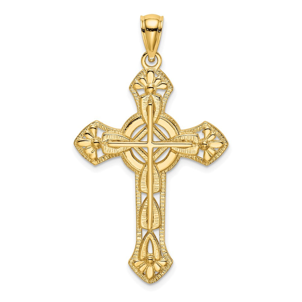 14K Yellow Gold Cut-Out Floral Cross Pendant - Product Photo