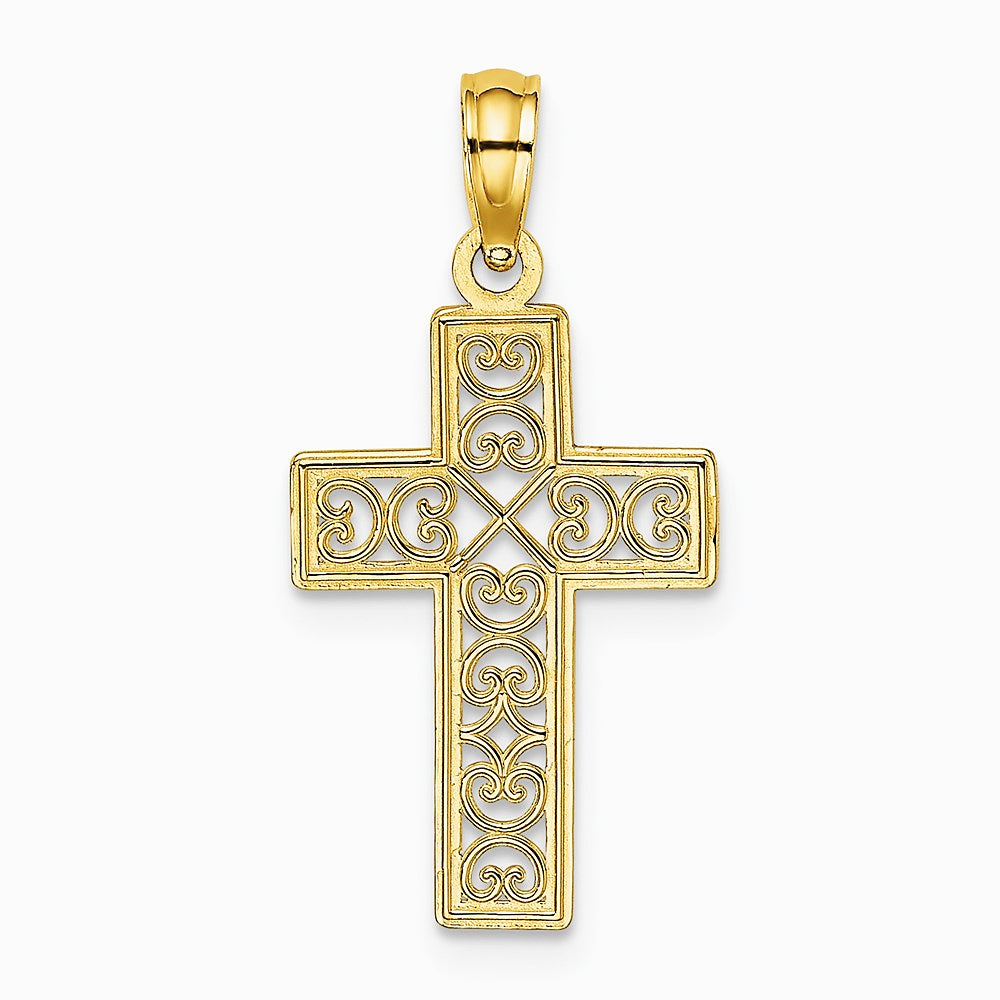 10K / 14K Yellow Gold Textured Lace Center Cross Charm - Product Photo