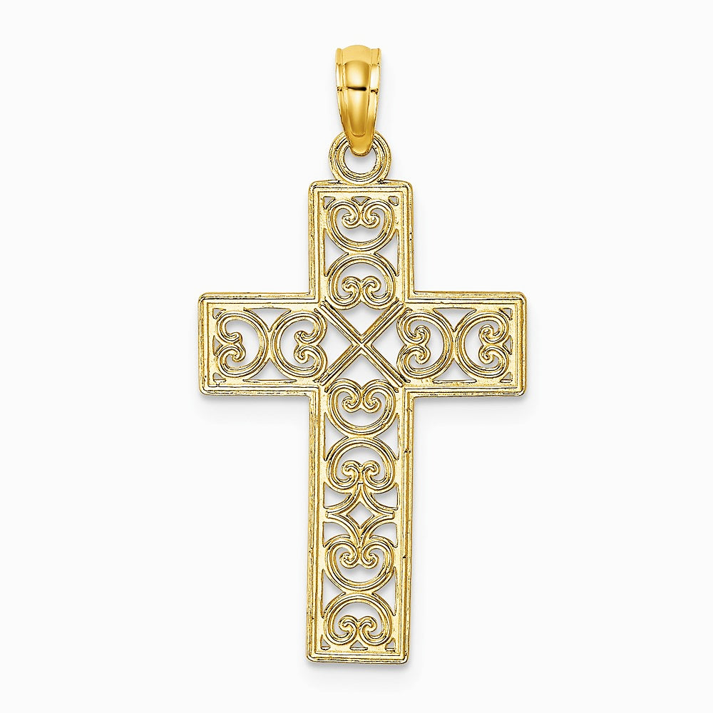 10K / 14K Yellow Gold Textured Lace Center Cross Charm - Product Photo