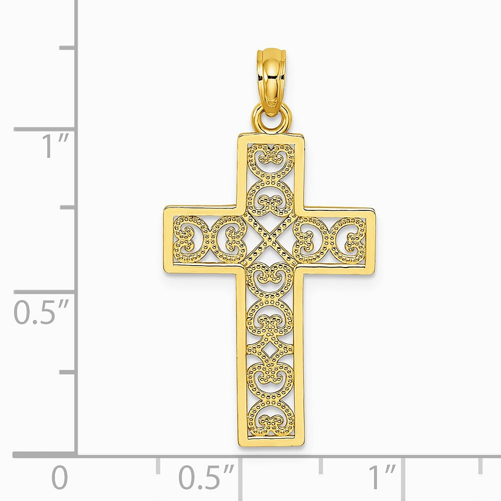 10K / 14K Yellow Gold Textured Lace Center Cross Charm - Product Photo