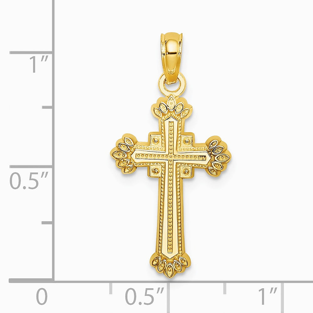 10K / 14K Yellow Gold Textured Leaves On Edges Cross Charm - Product Photo
