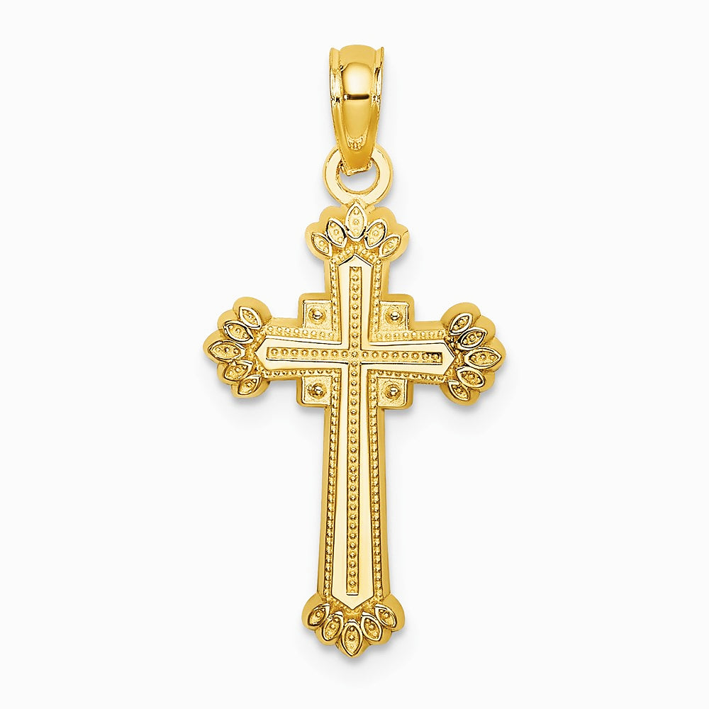 10K / 14K Yellow Gold Textured Leaves On Edges Cross Charm - Product Photo