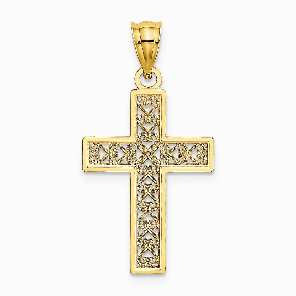 10K / 14K Yellow Gold Diamond-Cut Edge and Filigree Center Cross Charm - Product Photo
