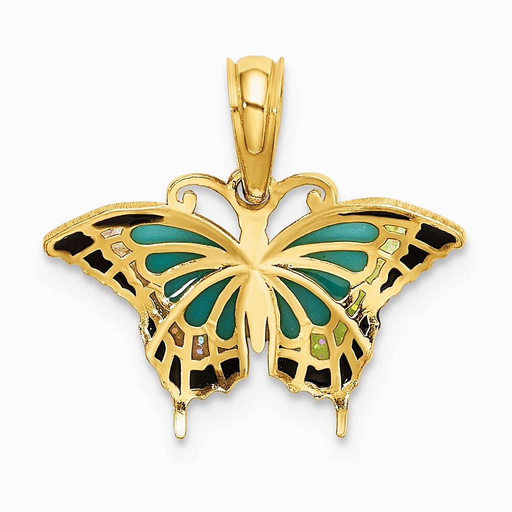 10K / 14K Yellow Gold Small Aqua Enameled Wings Butterfly Charm - Product Photo
