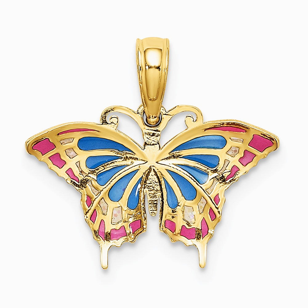 10K / 14K Yellow Gold Small Enameled Blue and Red Butterfly Charm - Product Photo