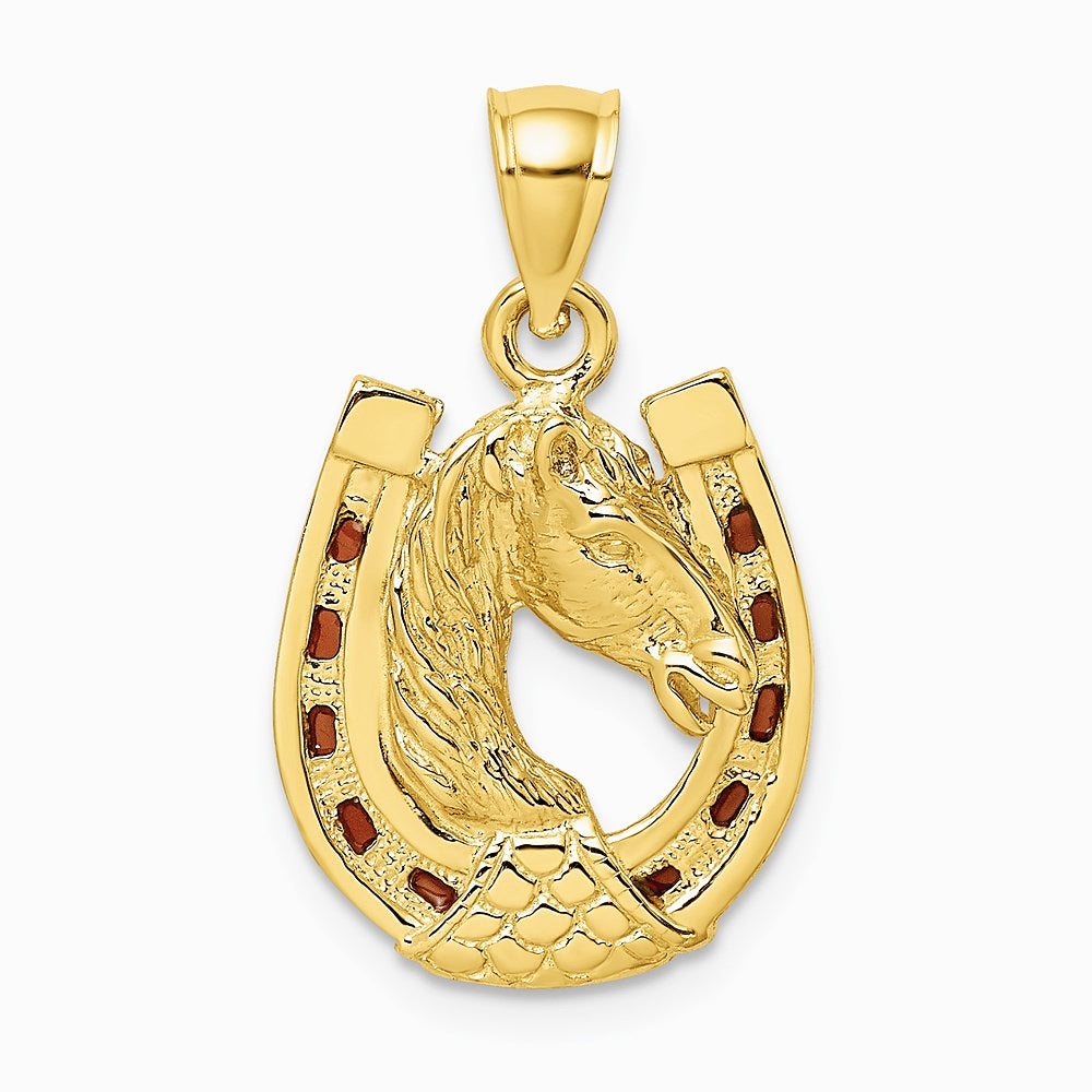 14K Yellow Gold Horse Head In Horseshoe w/ Enameled Charm - Product Photo