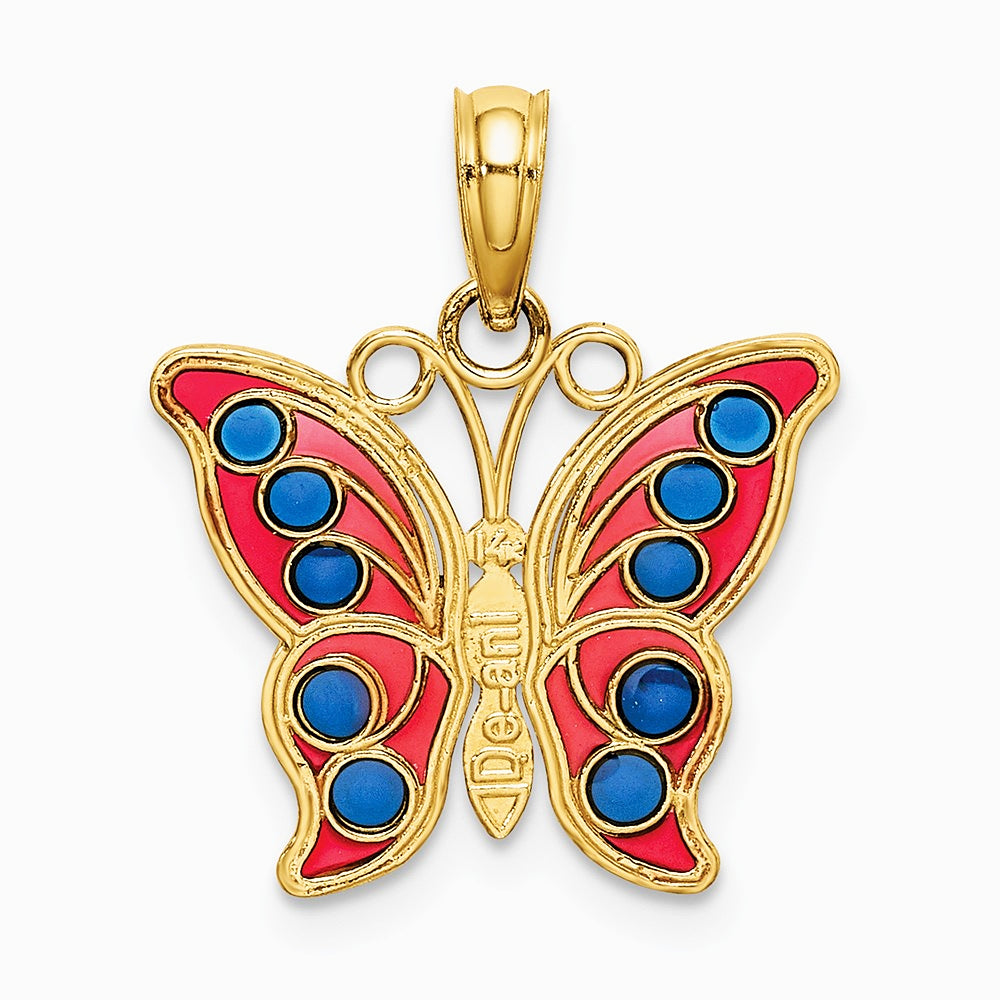14K Yellow Gold w/ Red and Blue Enamel Filigree Butterfly Charm - Product Photo