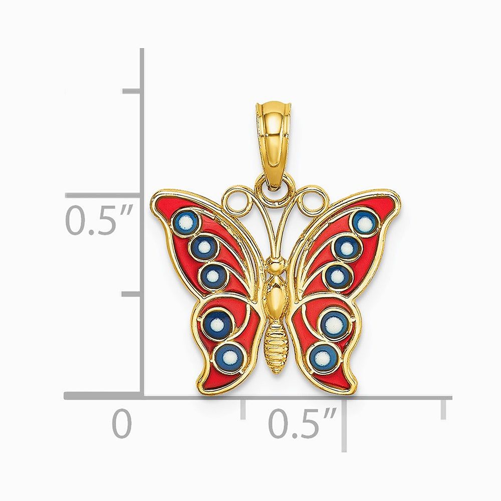 14K Yellow Gold w/ Red and Blue Enamel Filigree Butterfly Charm - Product Photo