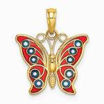 14K Yellow Gold w/ Red and Blue Enamel Filigree Butterfly Charm - Product Photo