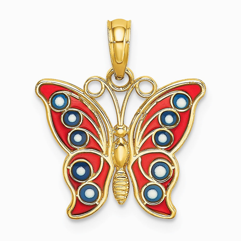 14K Yellow Gold w/ Red and Blue Enamel Filigree Butterfly Charm