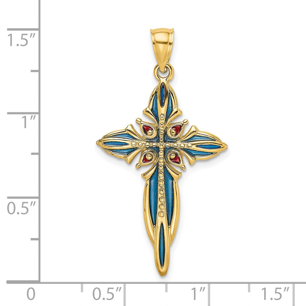 14K Yellow Gold Blue and Red Enameled Cross Charm - Product Photo