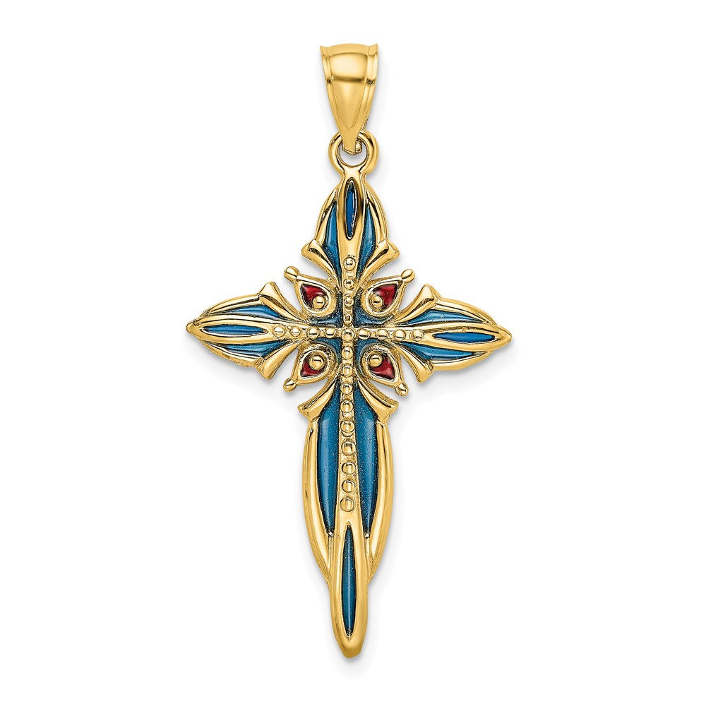 14K Yellow Gold Blue and Red Enameled Cross Charm - Product Photo