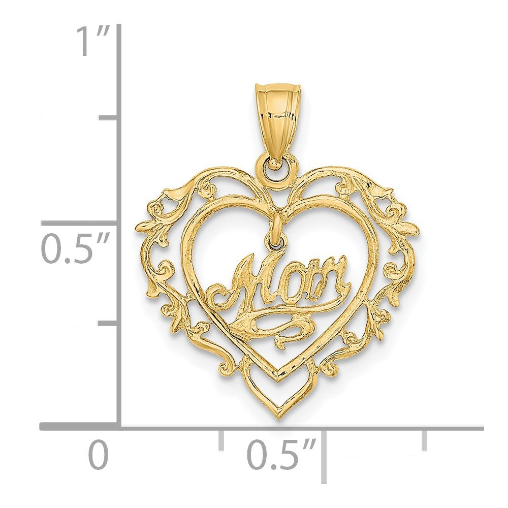 14K Yellow Gold Polished MOM Dangle in Fancy Heart Pendant - Product Photo