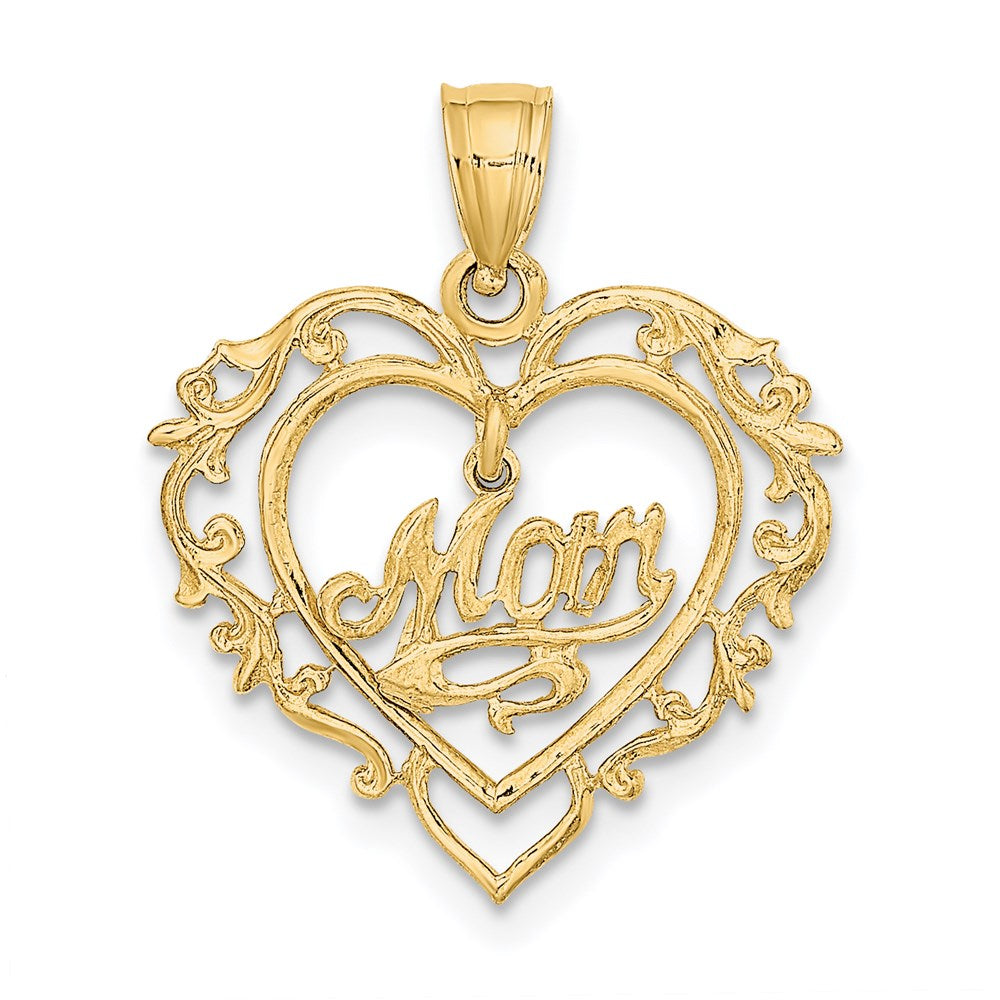 14K Yellow Gold Polished MOM Dangle in Fancy Heart Pendant - Product Photo