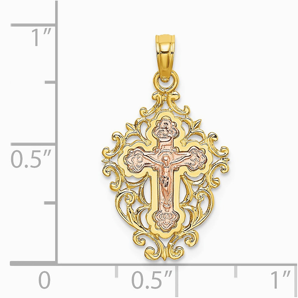 14K Two-tone Two Tone w/ Lace Trim Crucifix Charm - Product Photo