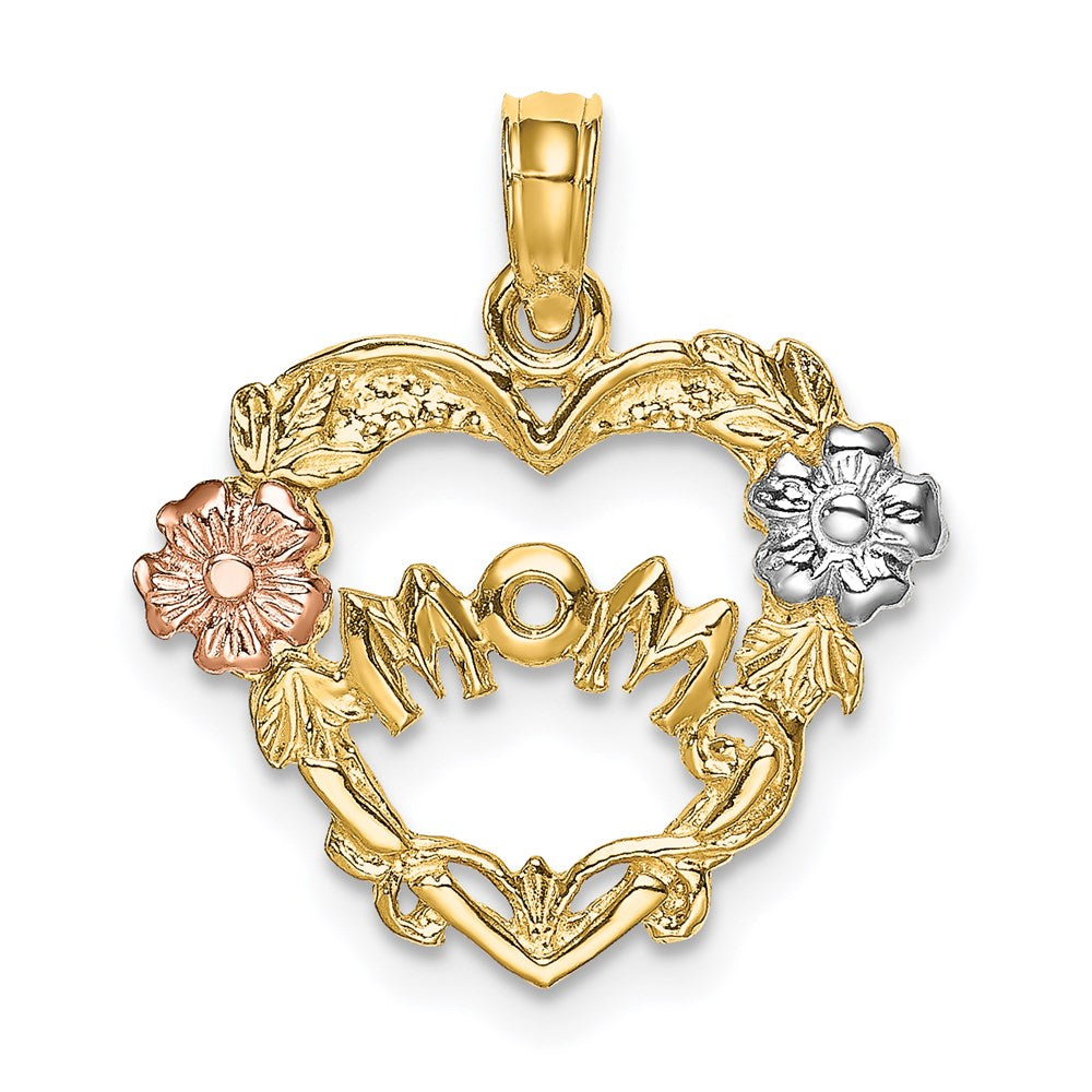 14K Two-tone with White Rhodium MOM Heart with Flower Charm