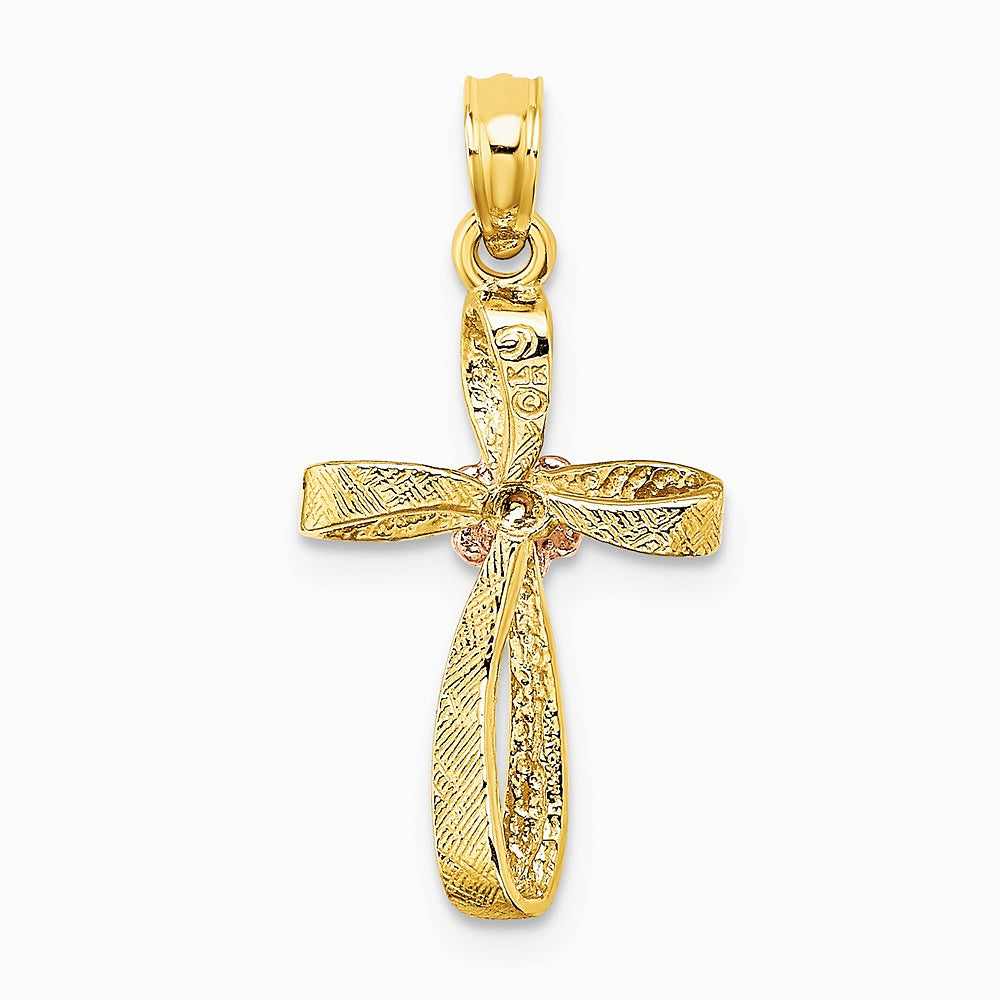 10K / 14K Two-tone Twisted Cross w/ Heart Charm - Product Photo
