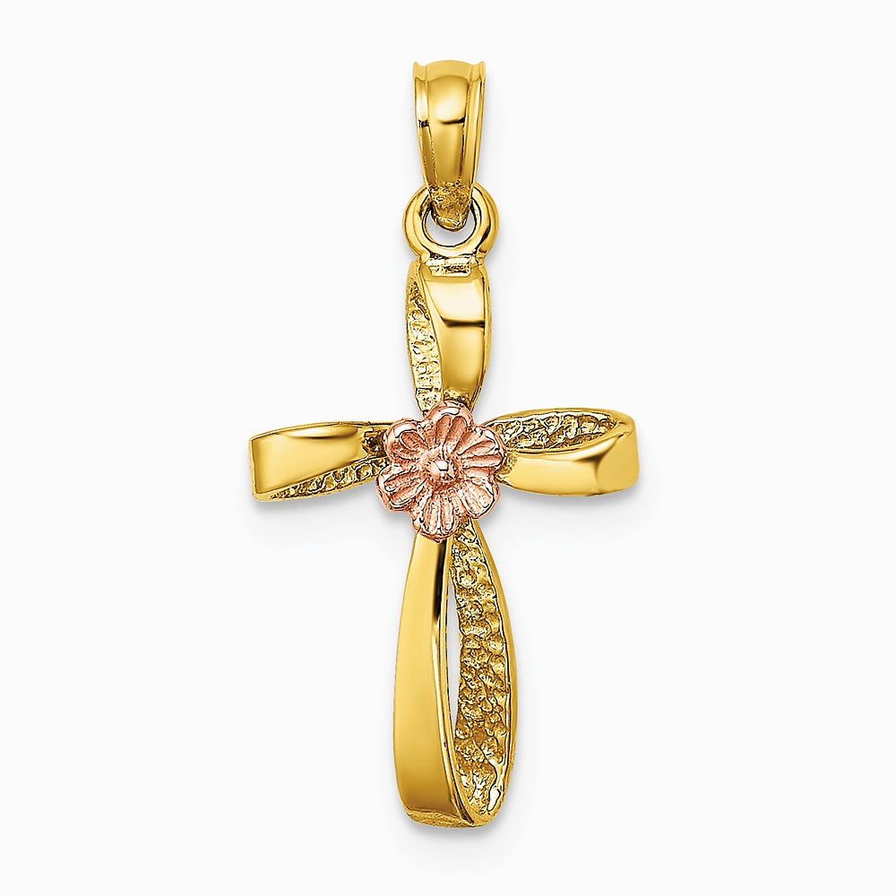 10K / 14K Two-tone Twisted Cross w/ Heart Charm - Product Photo