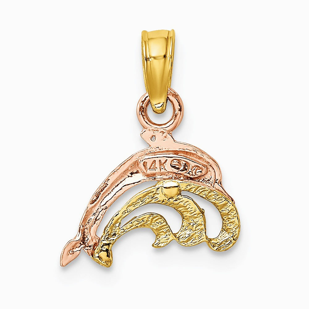 10K / 14K Two-tone W/White Rhodium Dolphin and Wave Charm - Product Photo
