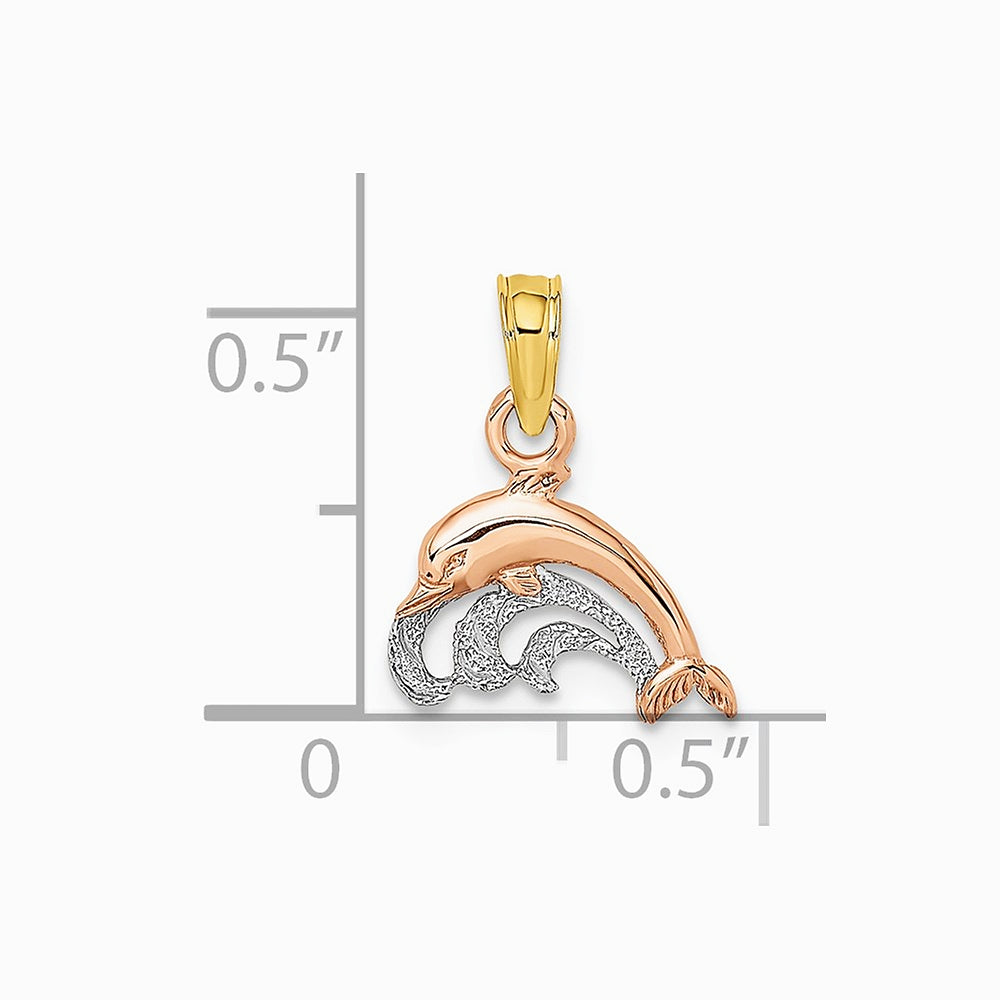 10K / 14K Two-tone W/White Rhodium Dolphin and Wave Charm - Product Photo