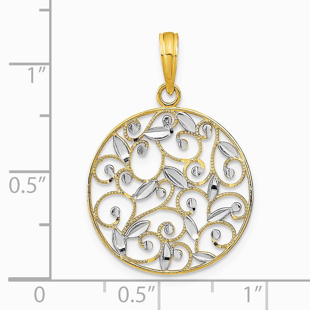 14K Yellow & Rhodium with Rhodium Diamond-Cut Filigree Round Charm - Product Photo