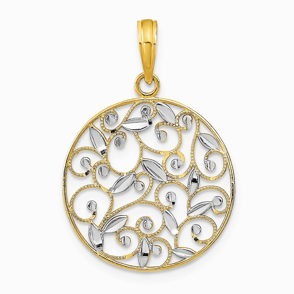 14K Yellow & Rhodium with Rhodium Diamond-Cut Filigree Round Charm - Product Photo
