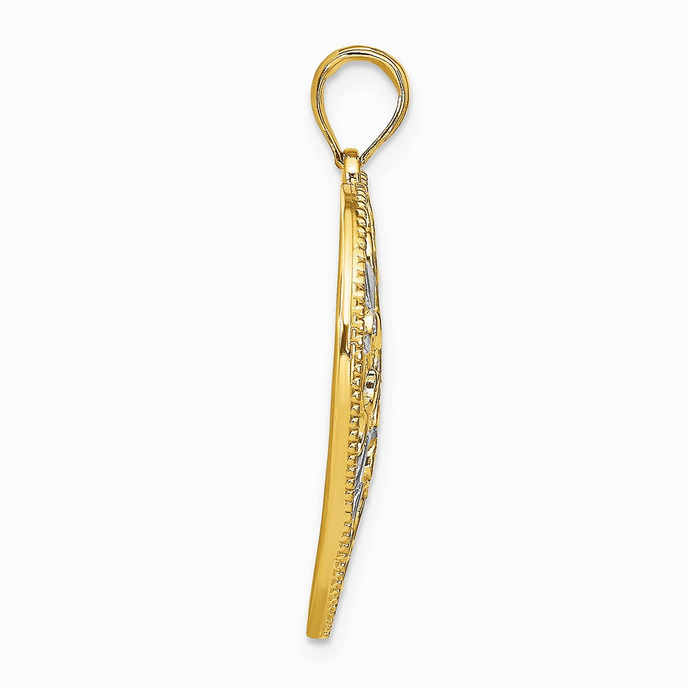 14K Yellow & Rhodium with Rhodium Filigree Leaf Accent Heart Charm - Product Photo