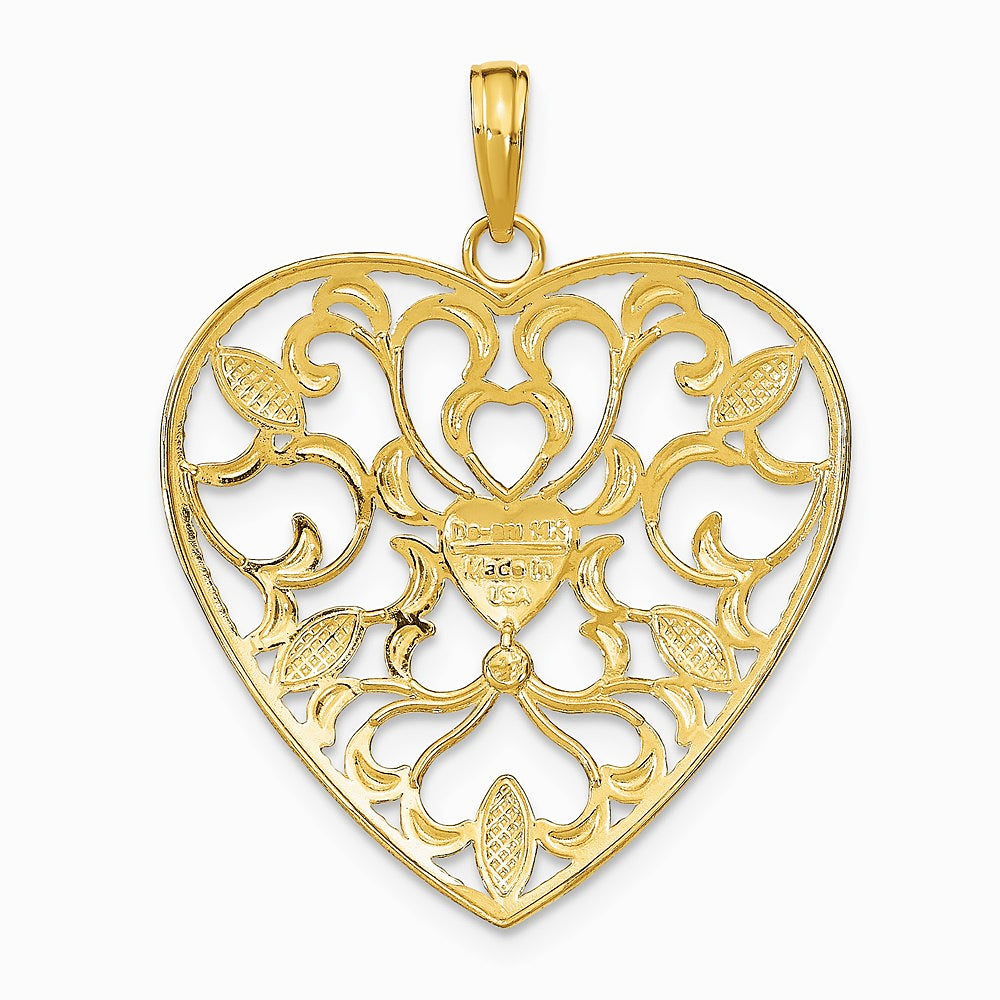 14K Yellow & Rhodium with Rhodium Filigree Leaf Accent Heart Charm - Product Photo