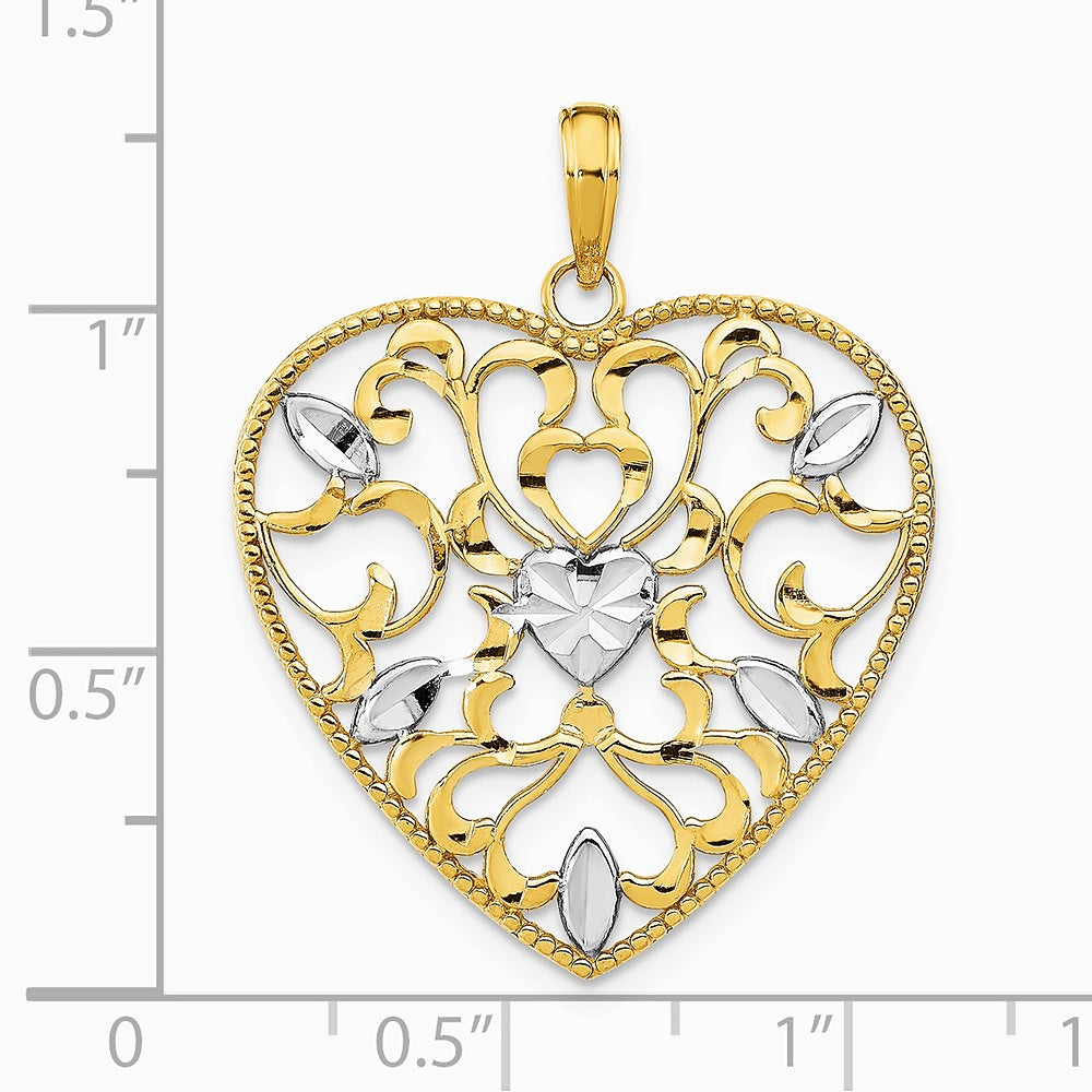 14K Yellow & Rhodium with Rhodium Filigree Leaf Accent Heart Charm - Product Photo