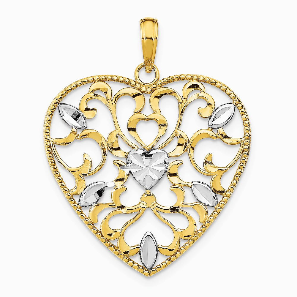 14K Yellow & Rhodium with Rhodium Filigree Leaf Accent Heart Charm