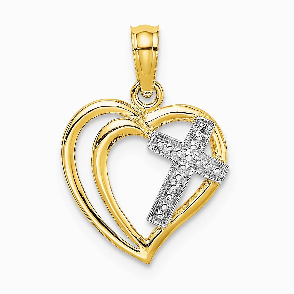 10K / 14K Yellow with Rhodium W/ Rhodium Cross In Heart Charm - Product Photo