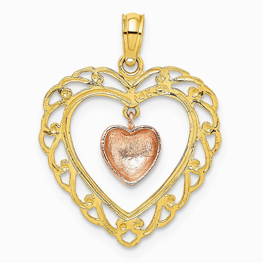 10K / 14K Two-tone Yellow and Rose Gold Polished Dangling Heart In Heart Charm - Product Photo