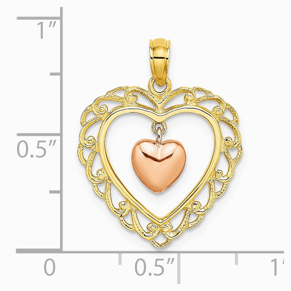 10K / 14K Two-tone Yellow and Rose Gold Polished Dangling Heart In Heart Charm - Product Photo
