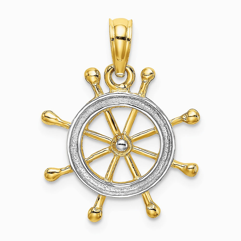 10K / 14K Yellow with Rhodium w/ Rhodium Ships Wheel Pendant - Product Photo