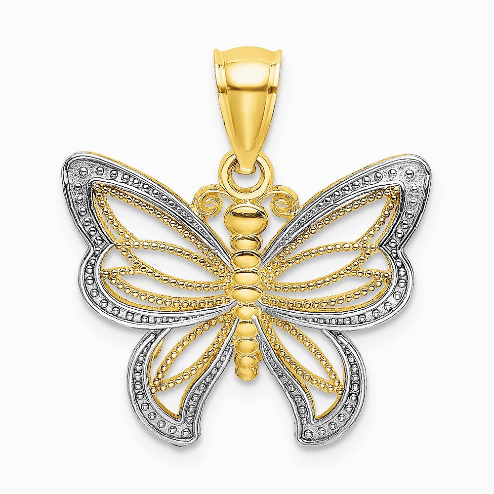 10K / 14K Yellow with Rhodium with Rhodium Butterfly W/ White Beaded Wings Charm - Product Photo
