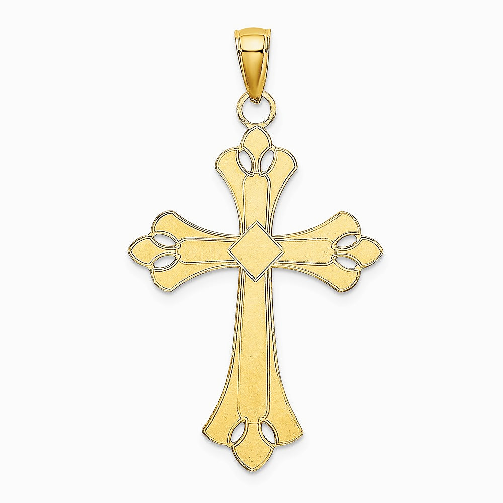 10K / 14K Yellow with Rhodium W/ Rhodium Scalloped Edges Cross Charm - Product Photo