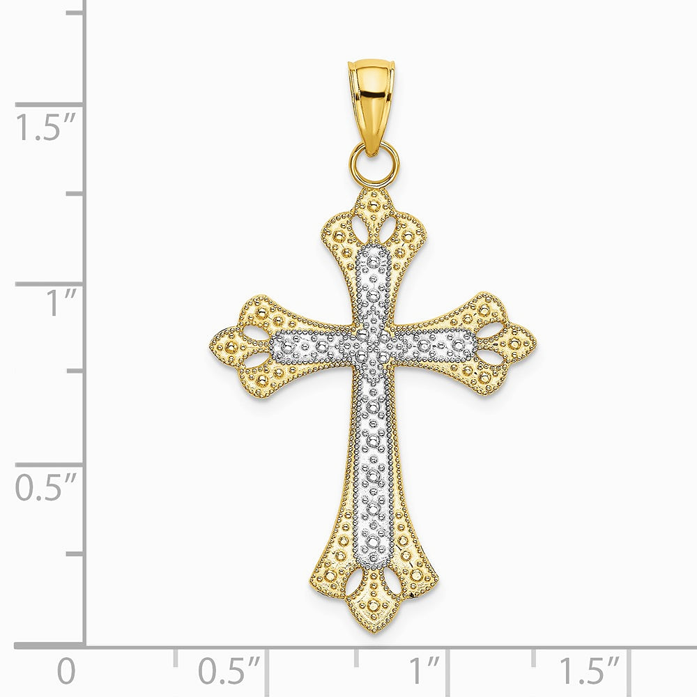 10K / 14K Yellow with Rhodium W/ Rhodium Scalloped Edges Cross Charm - Product Photo